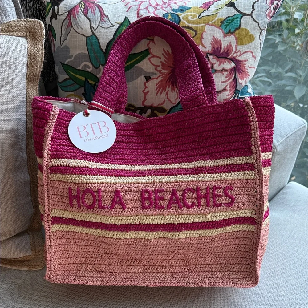 Hola Beaches BTB Los Angeles Pink and Cream Tote Bag Snap Top NWT - Picture 1 of 8
